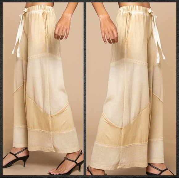POL Wide Leg Pull-on Wide Leg Pants Drawstring Waist Raw Seams Coastal Boho M/L - Picture 4 of 11